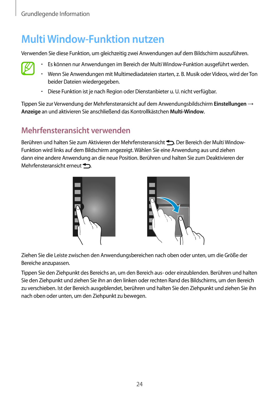 Samsung SM-T3110ZWAITV, SM-T3110MKADBT, SM-T3110MKAATO manual Multi Window-Funktion nutzen, Mehrfensteransicht verwenden 