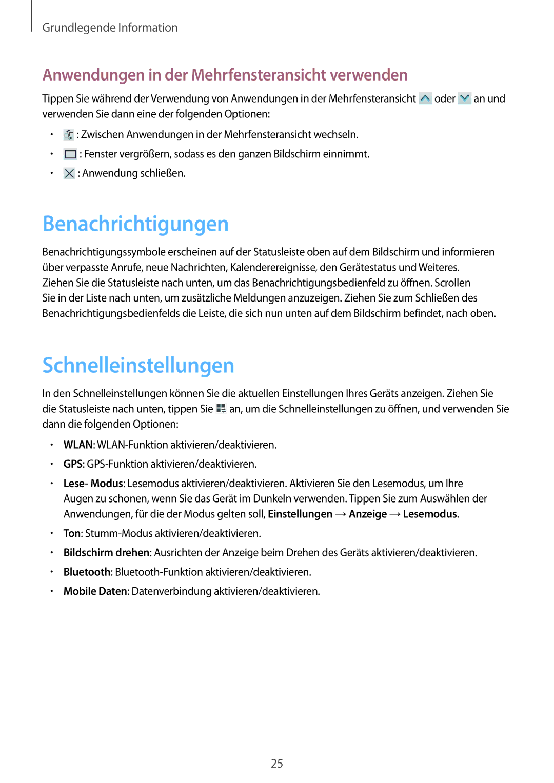 Samsung SM-T3110MKADBT manual Benachrichtigungen, Schnelleinstellungen, Anwendungen in der Mehrfensteransicht verwenden 