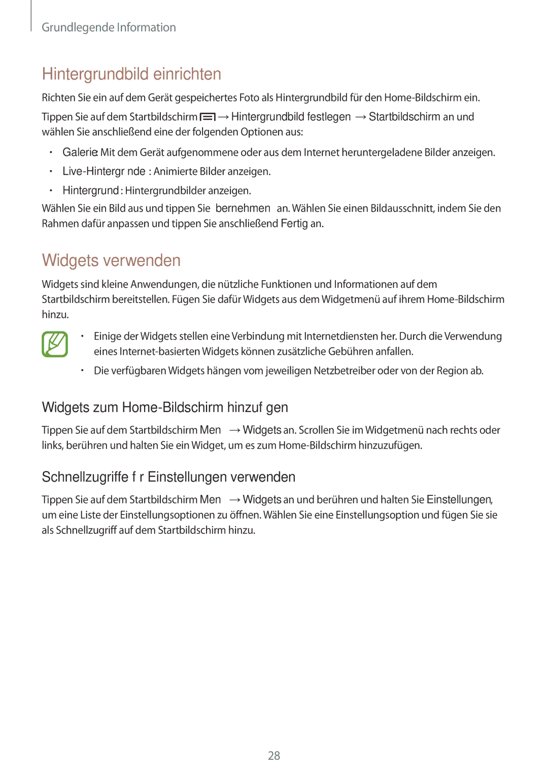 Samsung SM-T3110MKATCL manual Hintergrundbild einrichten, Widgets verwenden, Widgets zum Home-Bildschirm hinzufügen 