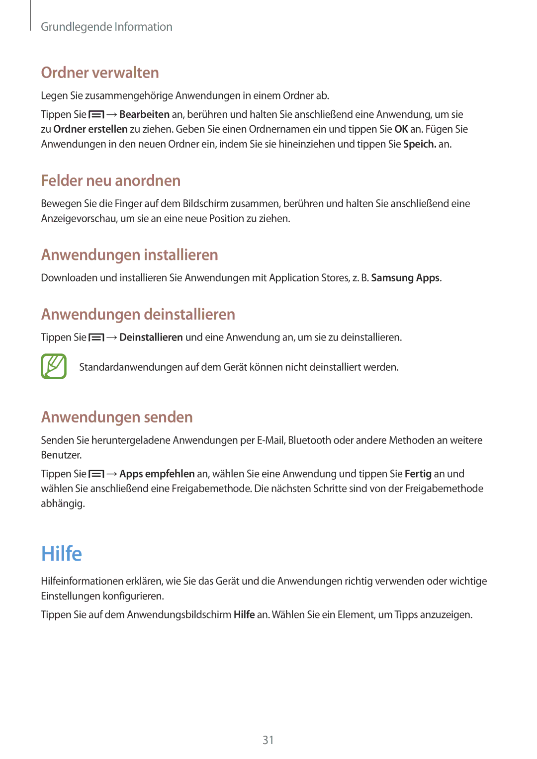 Samsung SM-T3110GNAEUR Hilfe, Ordner verwalten, Anwendungen installieren, Anwendungen deinstallieren, Anwendungen senden 