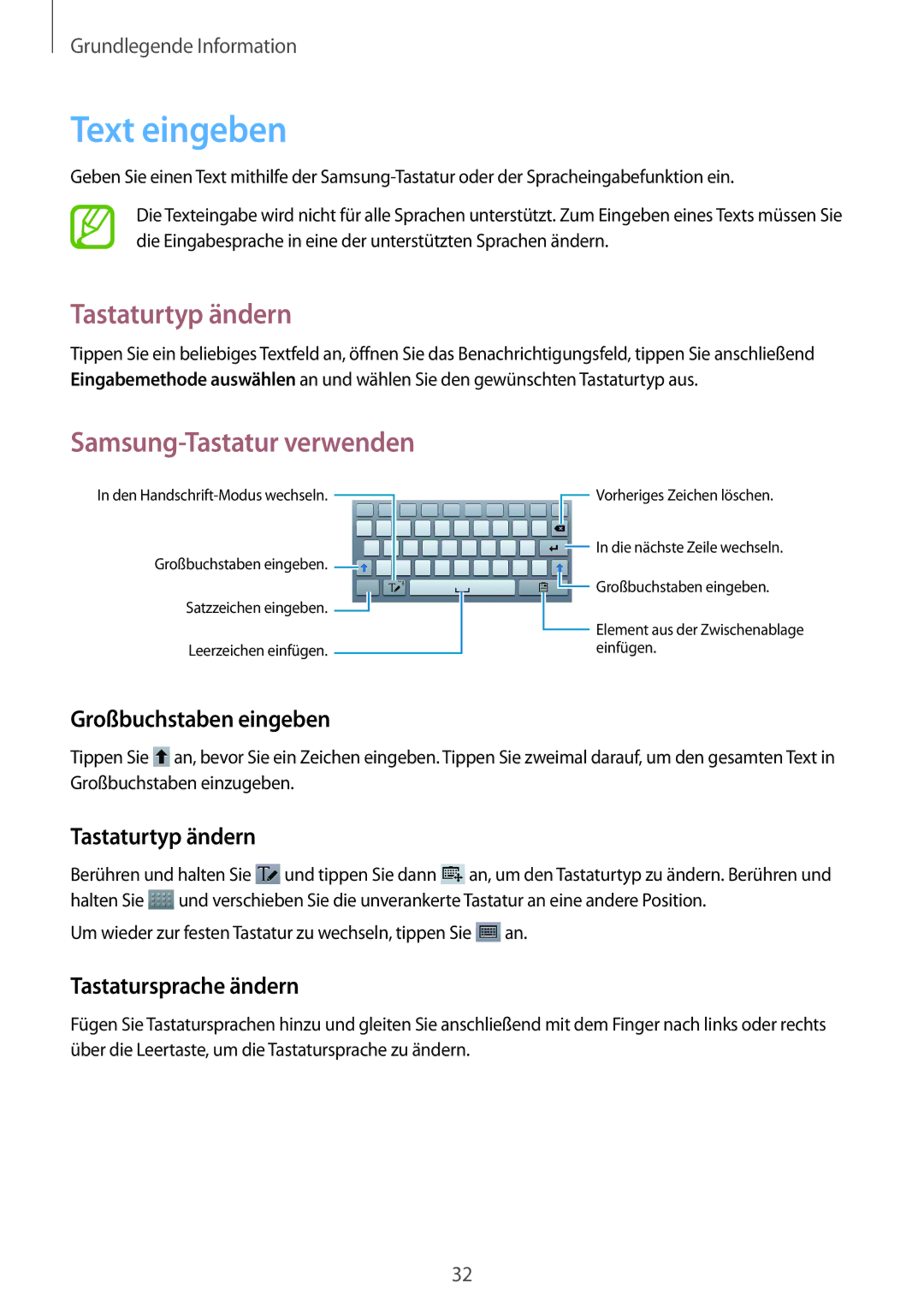 Samsung SM-T3110ZWAEUR, SM-T3110ZWAITV, SM-T3110MKADBT manual Text eingeben, Tastaturtyp ändern, Samsung-Tastatur verwenden 