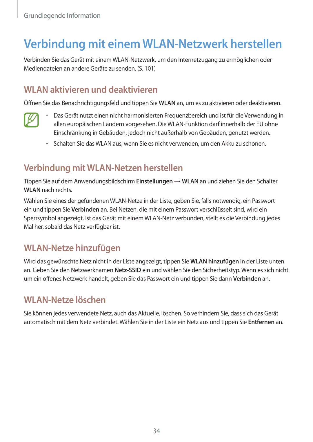 Samsung SM-T3110MKEATO Wlan aktivieren und deaktivieren, Verbindung mit WLAN-Netzen herstellen, WLAN-Netze hinzufügen 