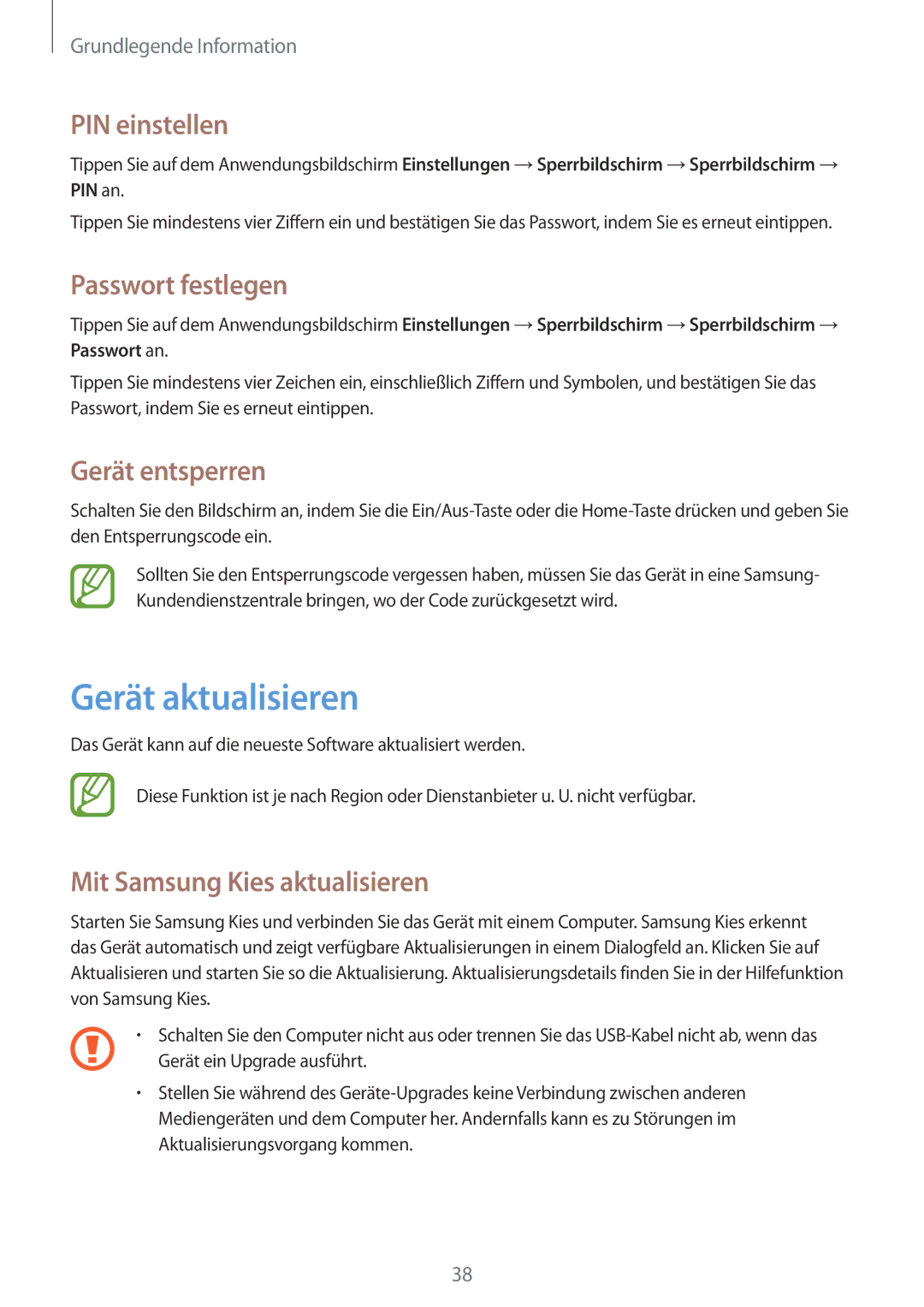 Samsung SM-T3110MKAATO, SM-T3110ZWAITV manual Gerät aktualisieren, PIN einstellen, Passwort festlegen, Gerät entsperren 