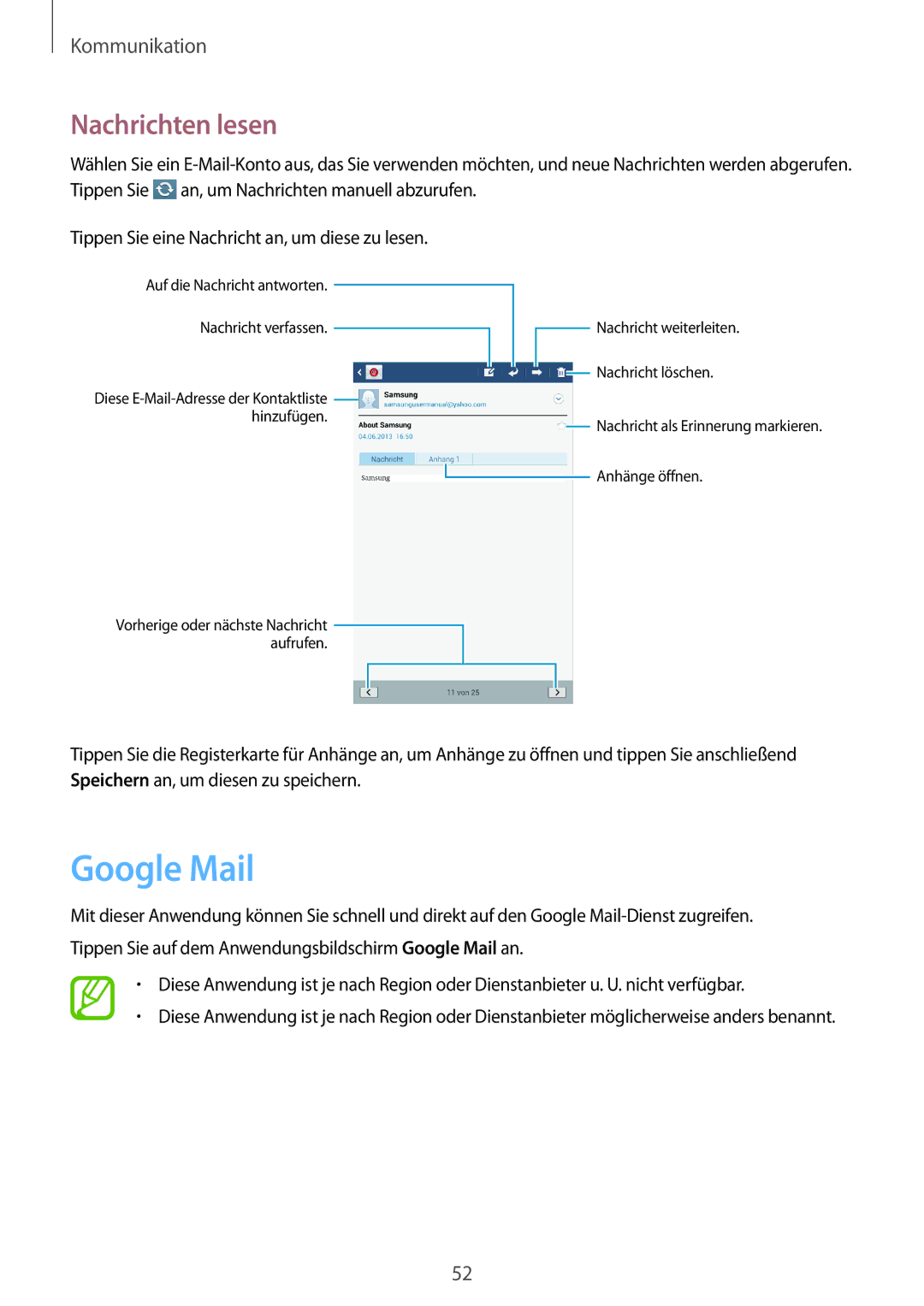 Samsung SM-T3110MKATCL, SM-T3110ZWAITV, SM-T3110MKADBT, SM-T3110MKAATO, SM-T3110ZWAATO manual Google Mail, Nachrichten lesen 