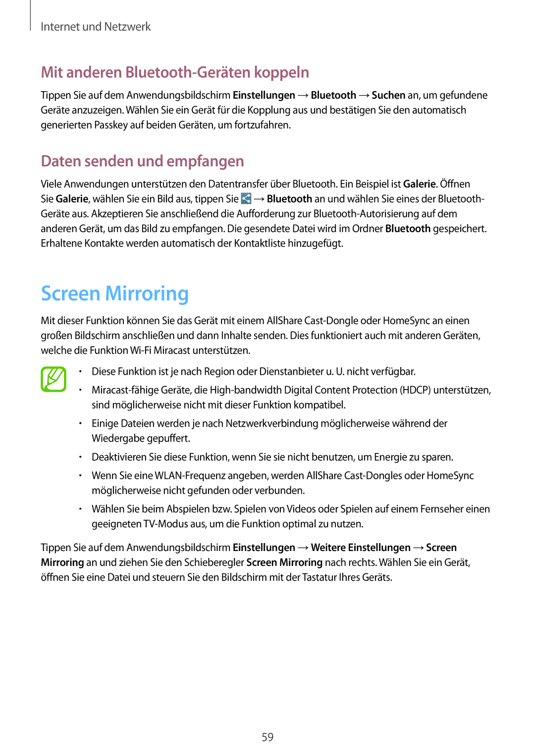 Samsung SM-T3110ZWAXEO, SM-T3110ZWAITV Screen Mirroring, Mit anderen Bluetooth-Geräten koppeln, Daten senden und empfangen 