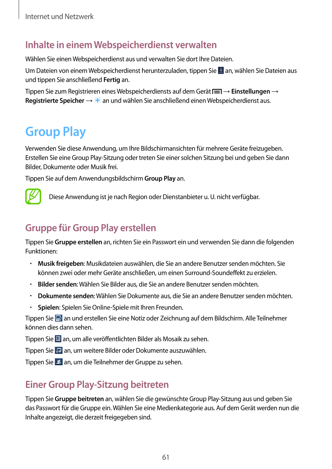 Samsung SM-T3110MKADBT, SM-T3110ZWAITV Inhalte in einem Webspeicherdienst verwalten, Gruppe für Group Play erstellen 