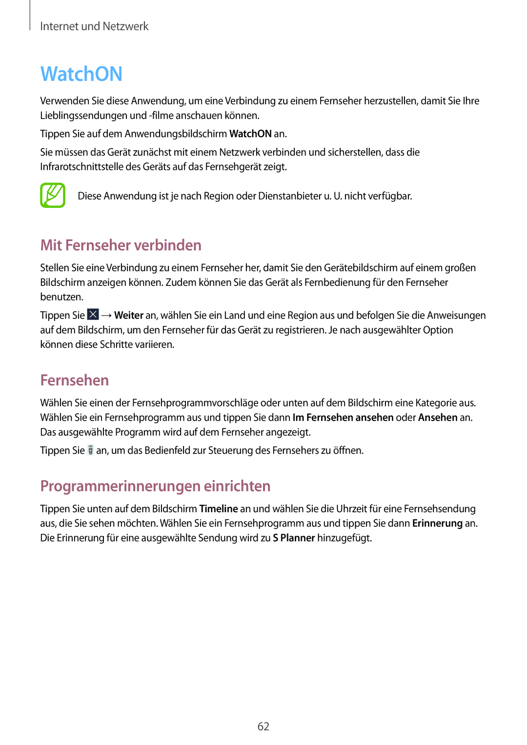 Samsung SM-T3110MKAATO, SM-T3110ZWAITV manual WatchON, Mit Fernseher verbinden, Fernsehen, Programmerinnerungen einrichten 