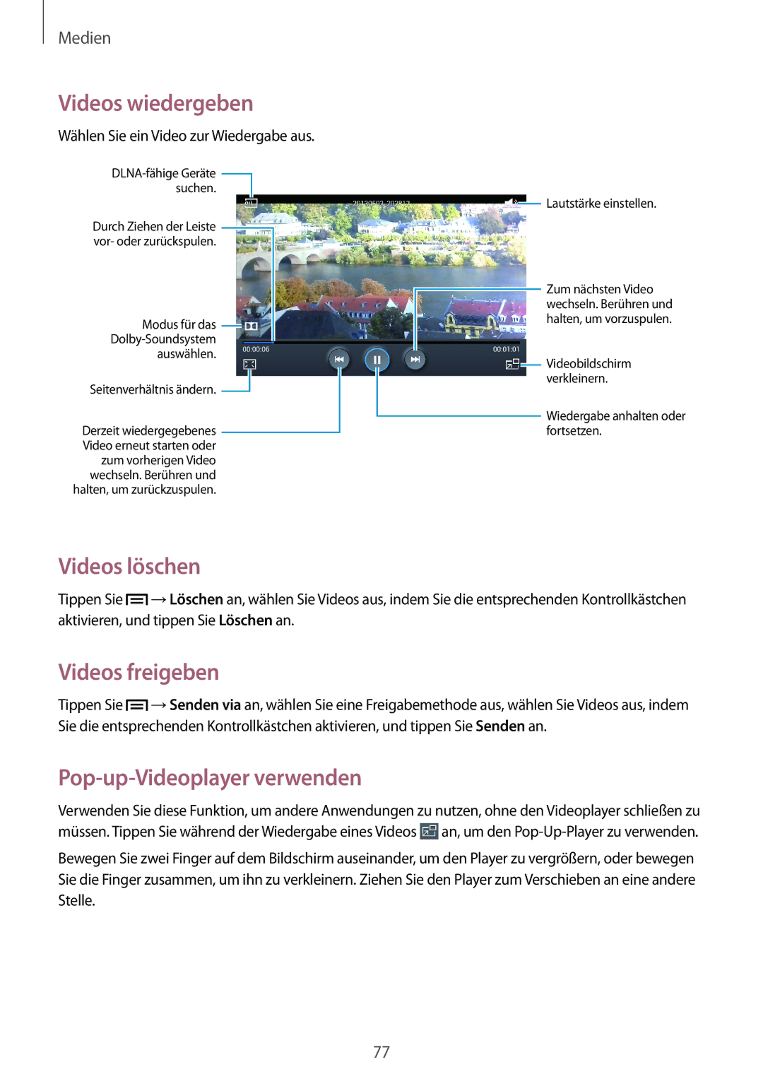 Samsung SM-T3110ZWEATO, SM-T3110ZWAITV, SM-T3110MKADBT manual Videos löschen, Videos freigeben, Pop-up-Videoplayer verwenden 