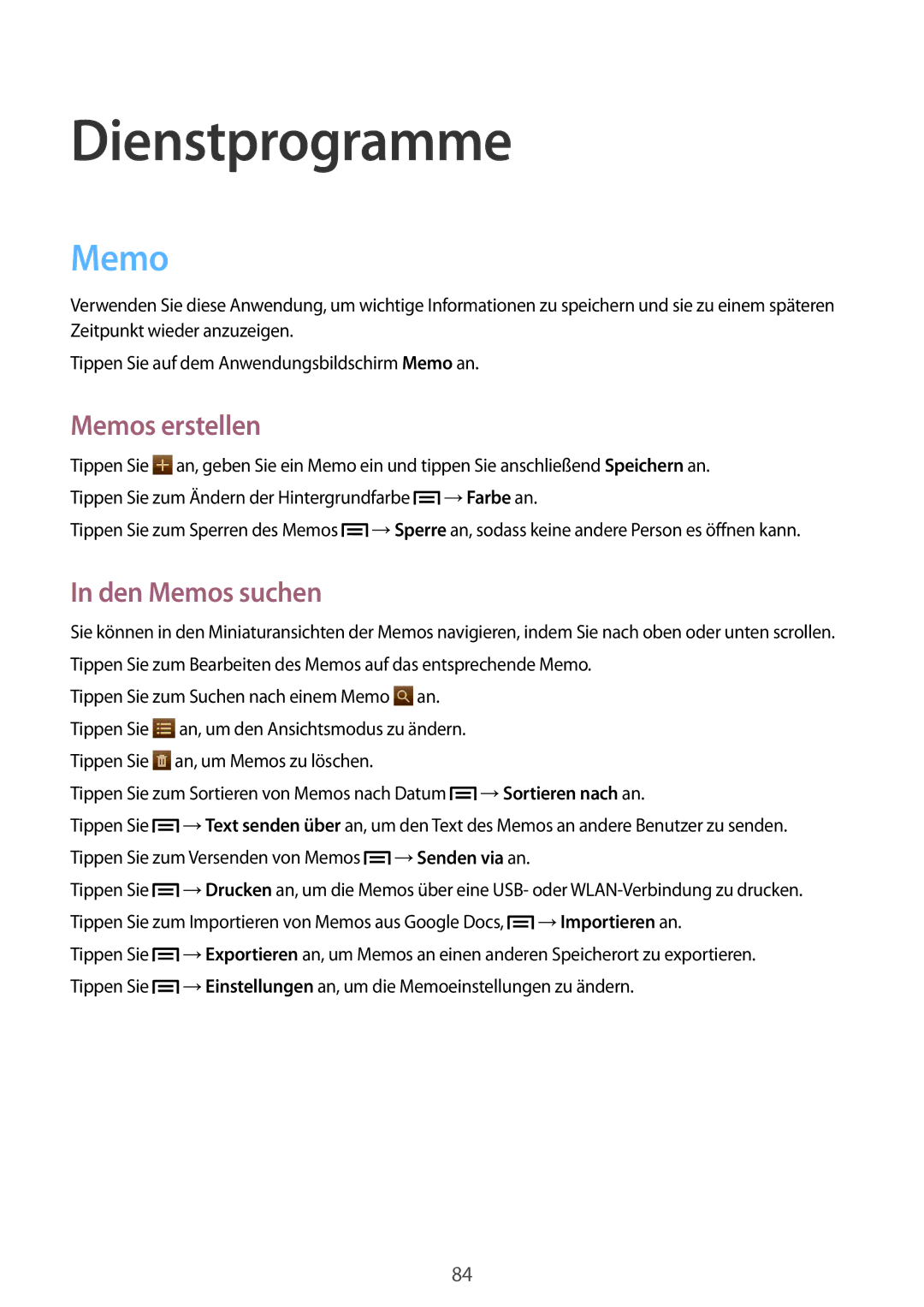 Samsung SM-T3110ZWAITV, SM-T3110MKADBT, SM-T3110MKAATO manual Dienstprogramme, Memos erstellen, Den Memos suchen 