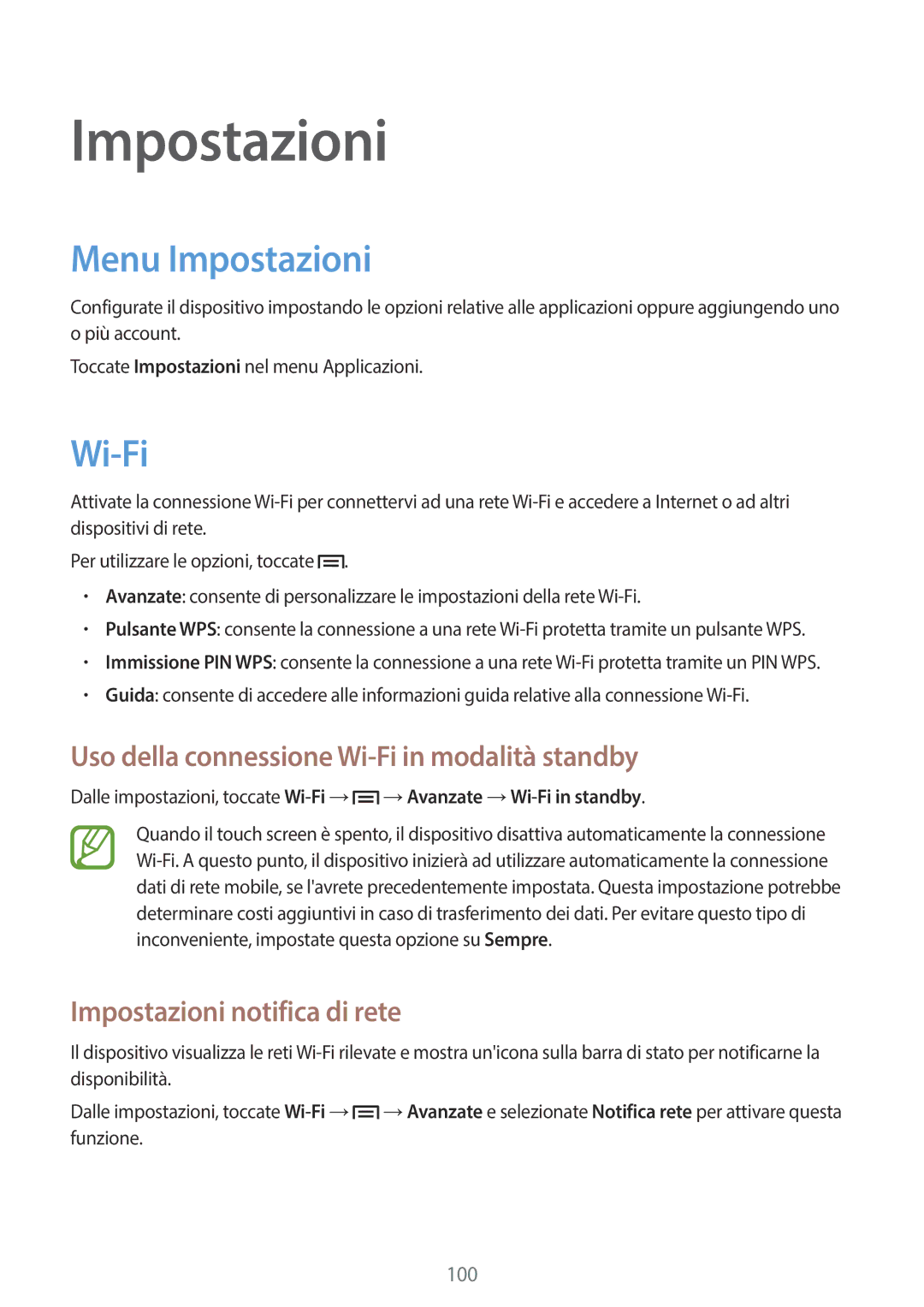 Samsung SM-T3110ZWAWIN, SM-T3110ZWAITV manual Menu Impostazioni, Uso della connessione Wi-Fi in modalità standby 