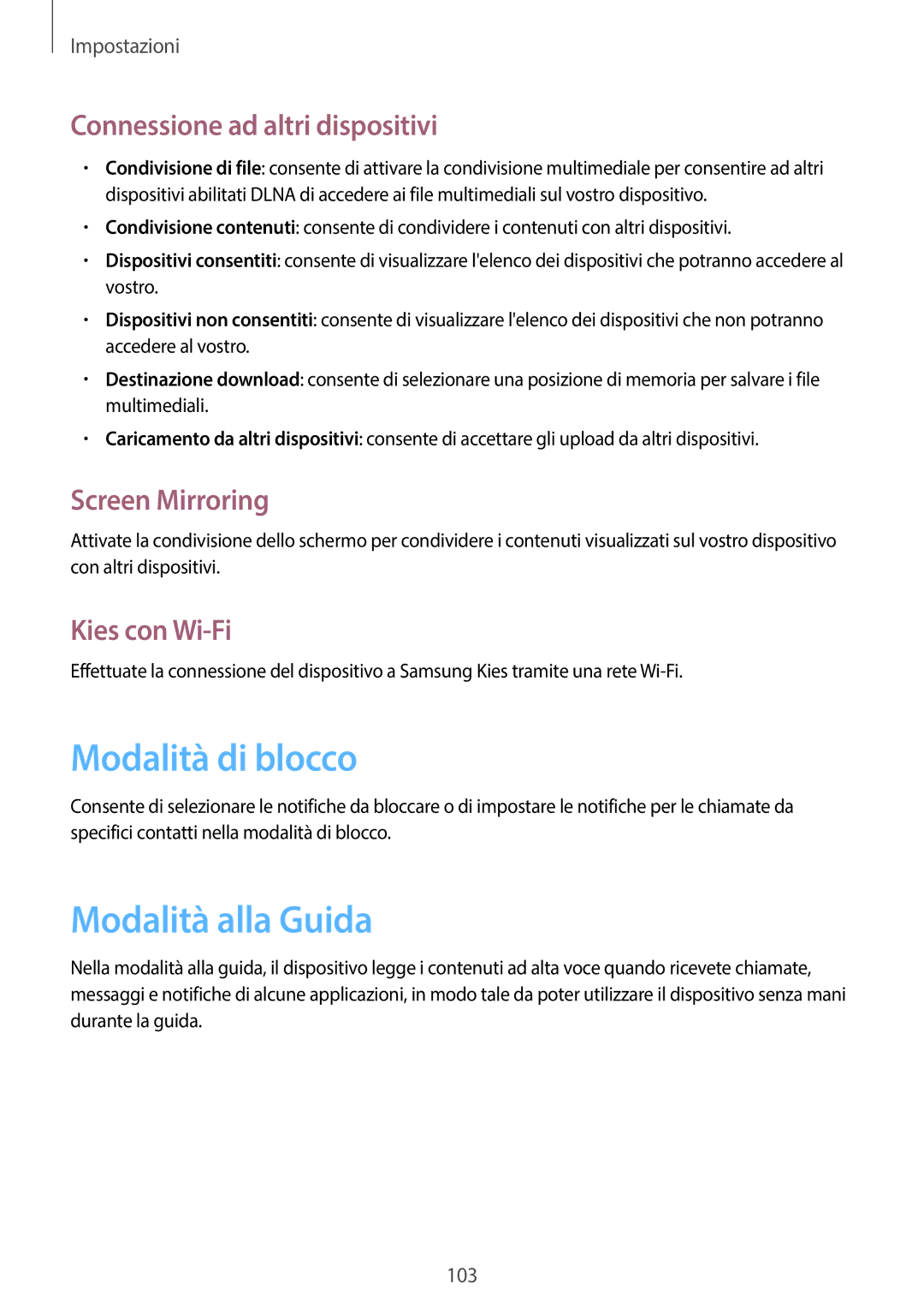 Samsung SM-T3110MKADBT manual Modalità di blocco, Modalità alla Guida, Connessione ad altri dispositivi, Screen Mirroring 