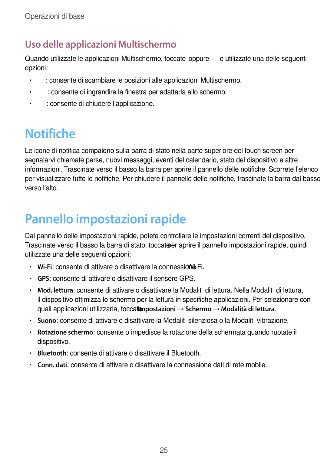 Samsung SM-T3110MKADBT, SM-T3110ZWAITV manual Notifiche, Pannello impostazioni rapide, Uso delle applicazioni Multischermo 