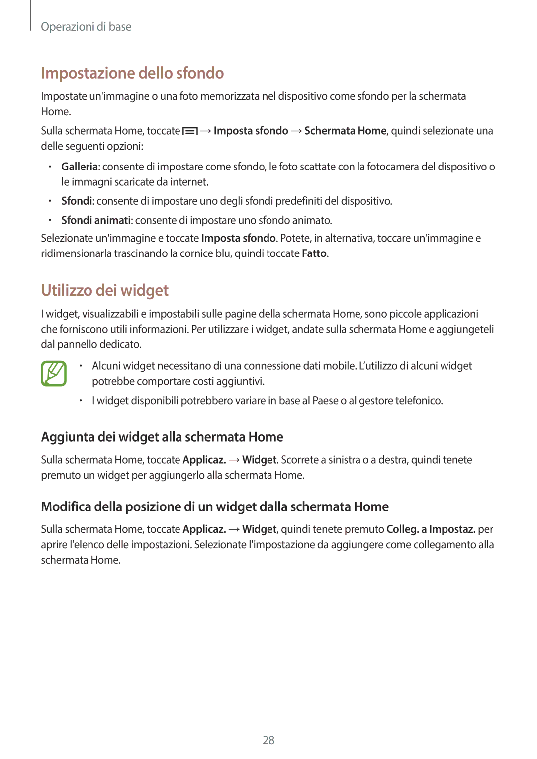 Samsung SM-T3110ZWAWIN manual Impostazione dello sfondo, Utilizzo dei widget, Aggiunta dei widget alla schermata Home 