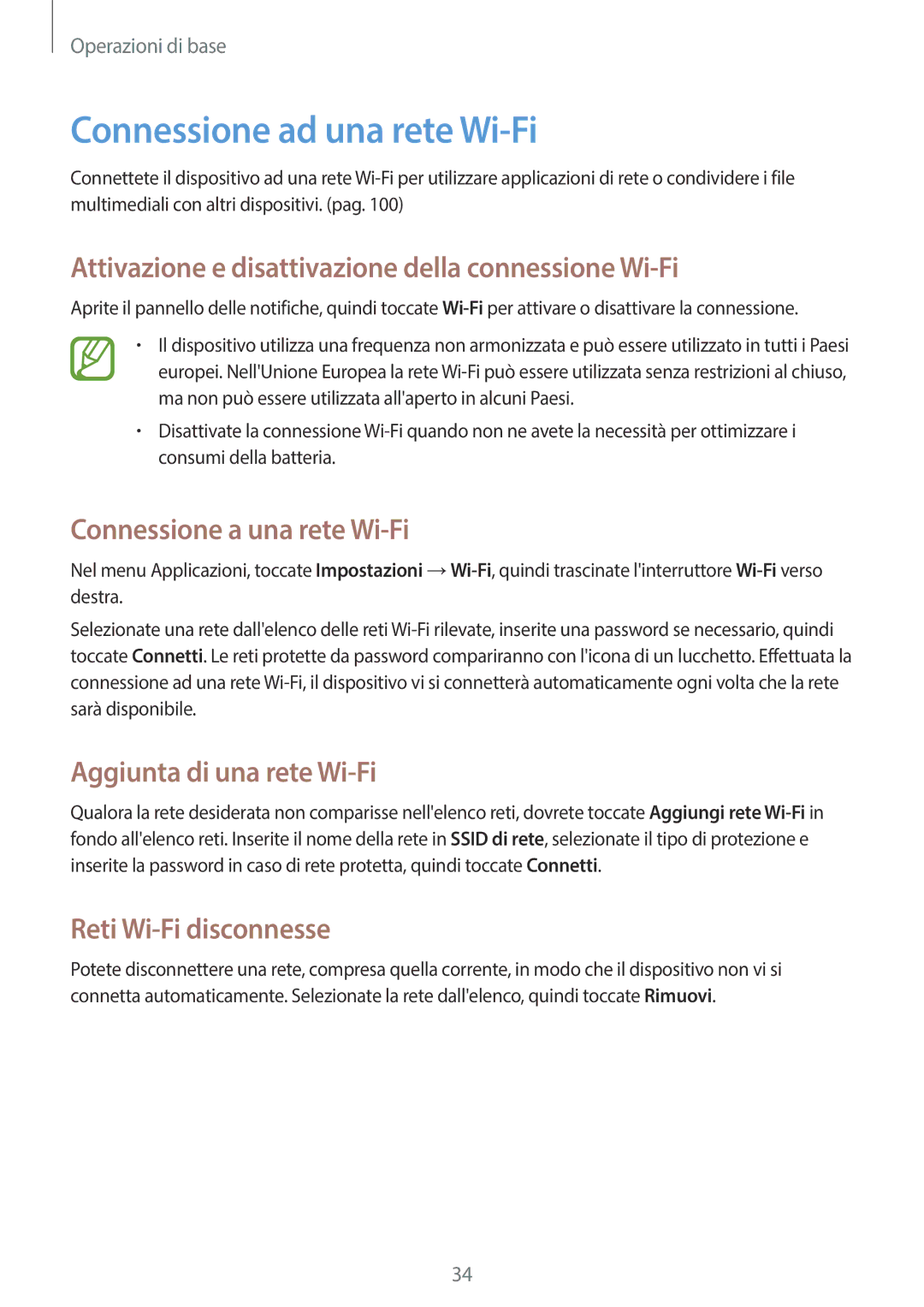 Samsung SM-T3110ZWAWIN, SM-T3110ZWAITV Connessione ad una rete Wi-Fi, Attivazione e disattivazione della connessione Wi-Fi 