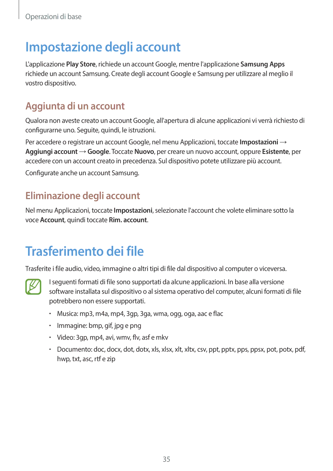 Samsung SM-T3110ZWAHUI, SM-T3110ZWAITV manual Impostazione degli account, Trasferimento dei file, Aggiunta di un account 