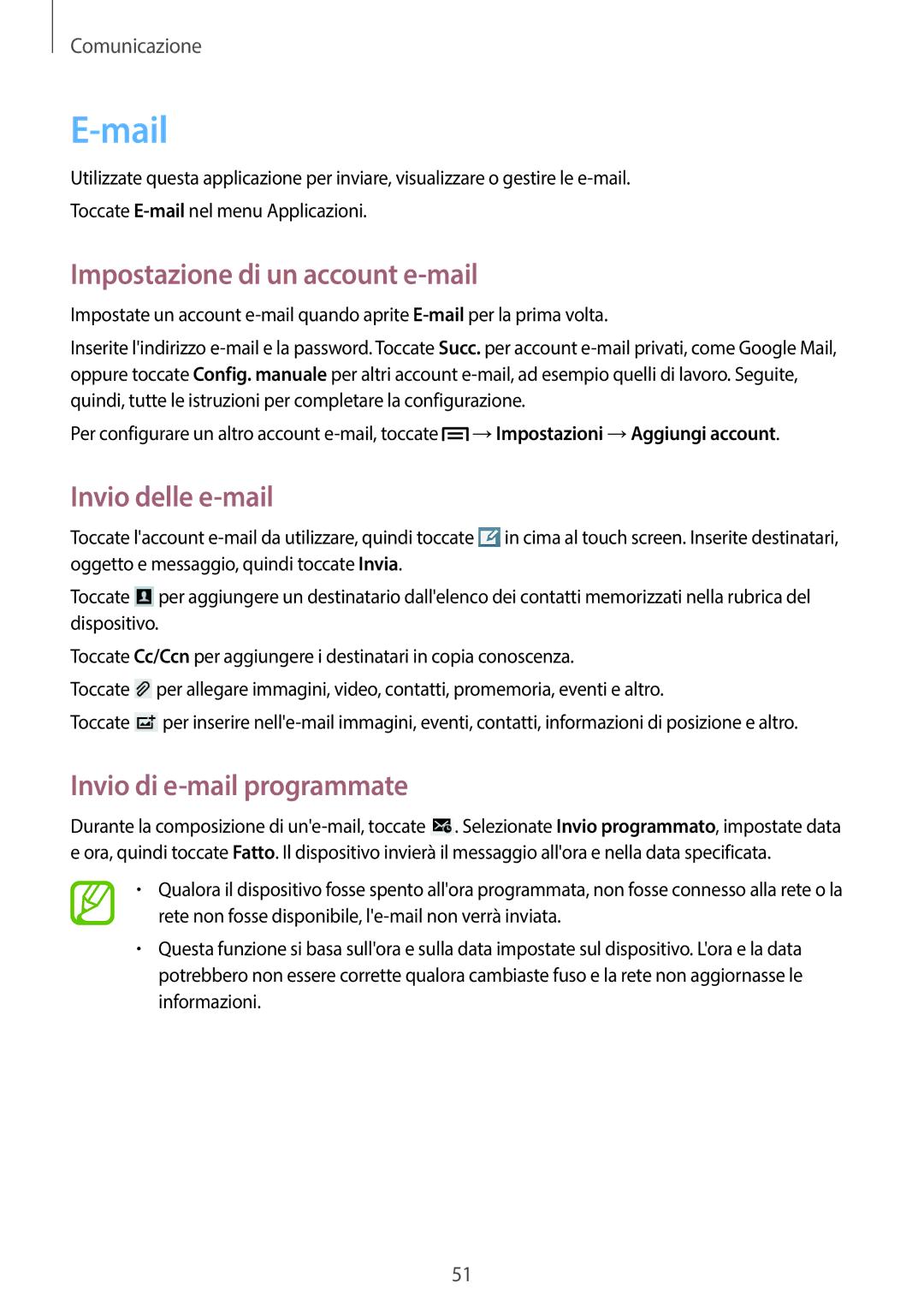 Samsung SM-T3110ZWATIM manual Mail, Impostazione di un account e-mail, Invio delle e-mail, Invio di e-mail programmate 