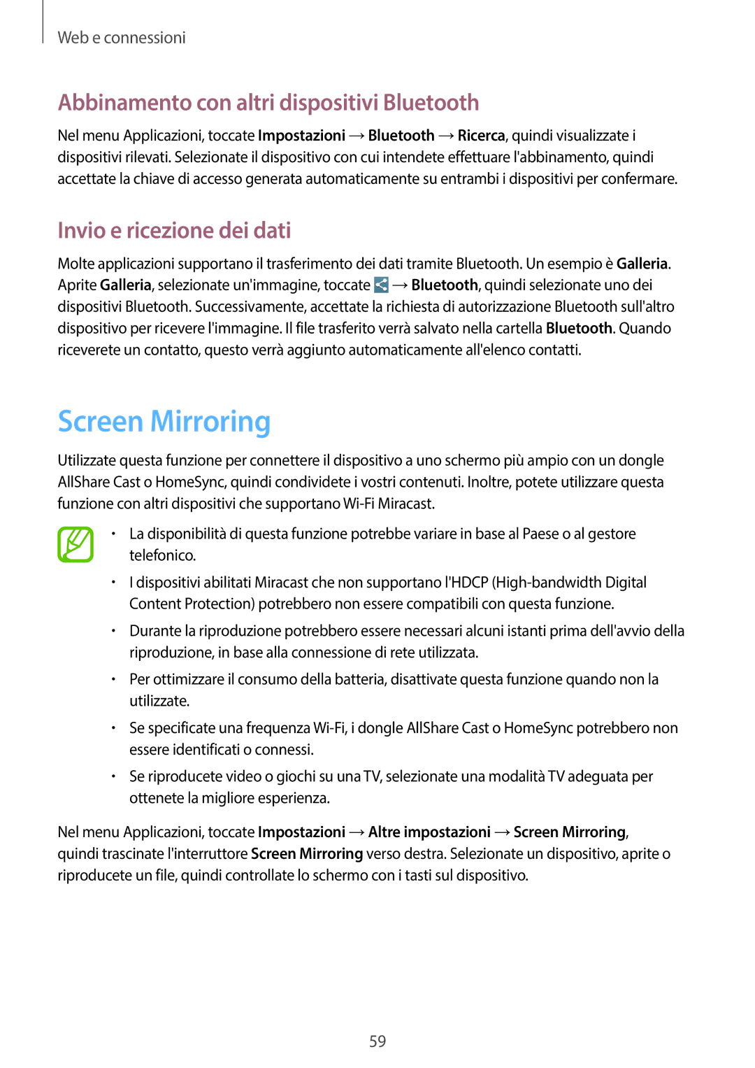 Samsung SM-T3110ZWAHUI manual Screen Mirroring, Abbinamento con altri dispositivi Bluetooth, Invio e ricezione dei dati 