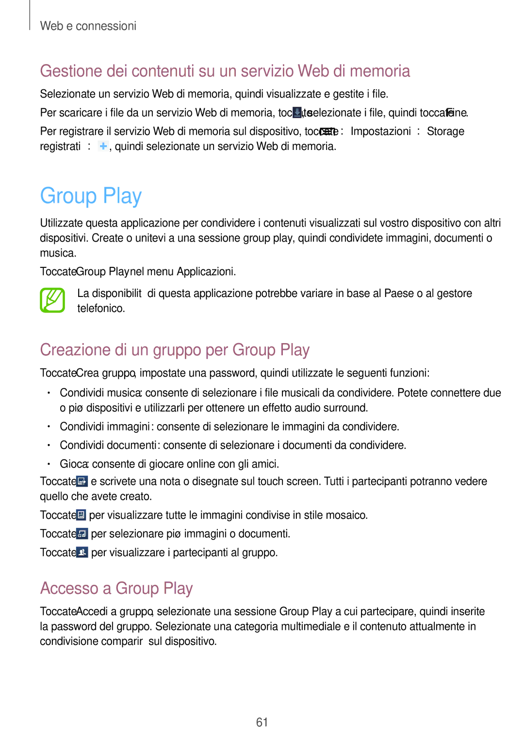 Samsung SM-T3110MKADBT, SM-T3110ZWAITV manual Gestione dei contenuti su un servizio Web di memoria, Accesso a Group Play 