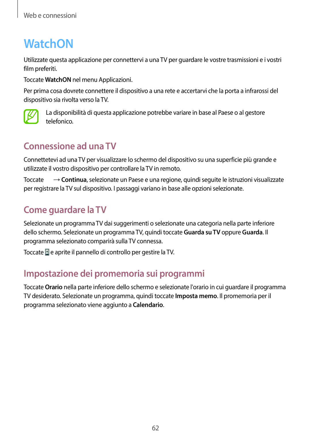 Samsung SM-T3110ZWAEUR WatchON, Connessione ad una TV, Come guardare la TV, Impostazione dei promemoria sui programmi 