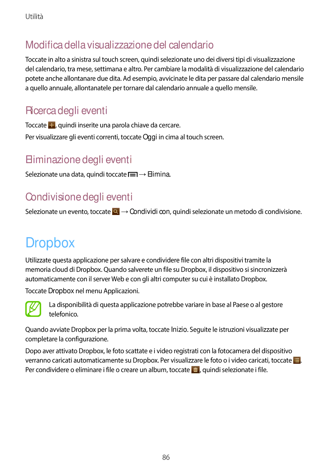 Samsung SM-T3110ZWAEUR, SM-T3110ZWAITV manual Dropbox, Modifica della visualizzazione del calendario, Ricerca degli eventi 