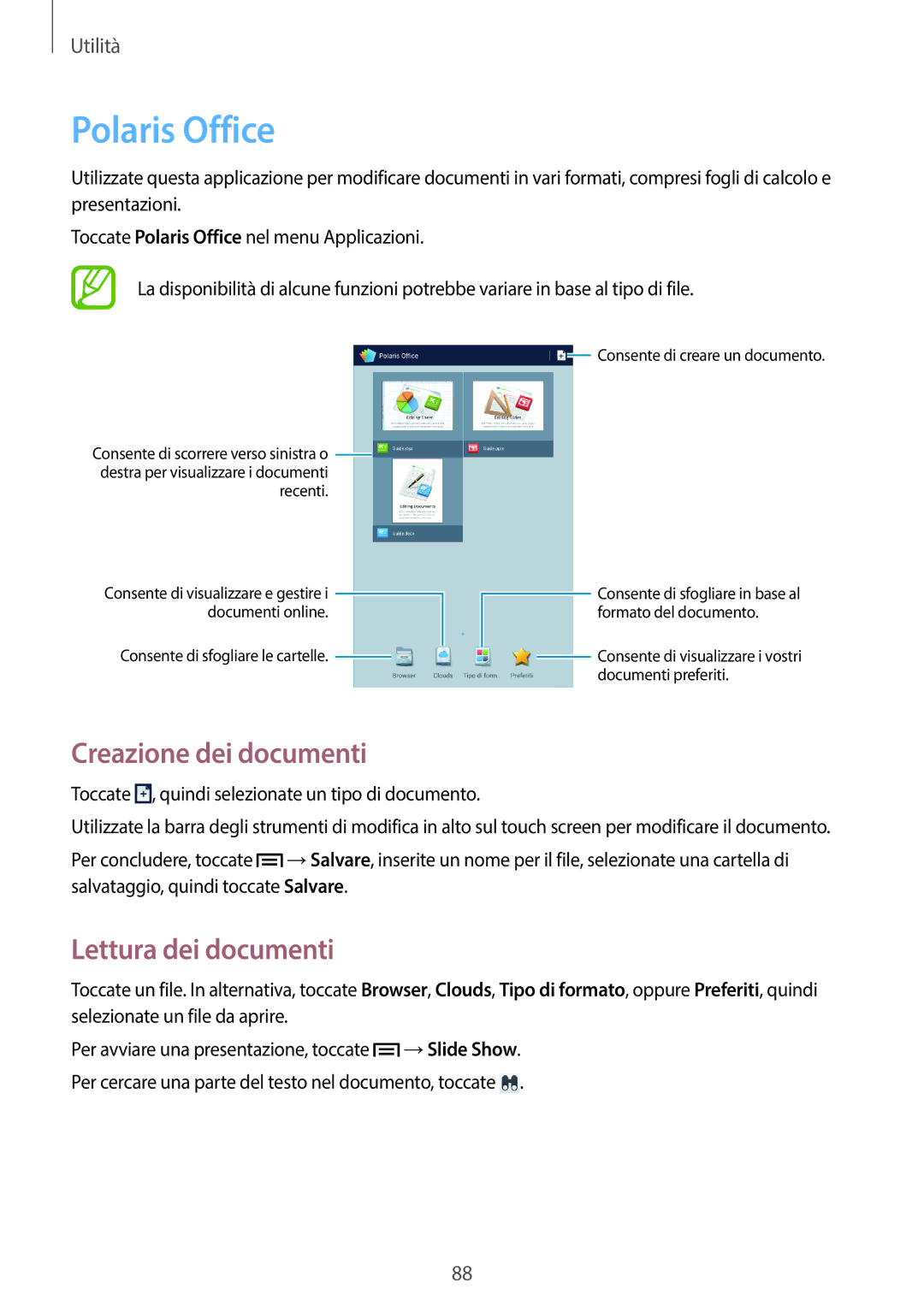 Samsung SM-T3110ZWAWIN, SM-T3110ZWAITV, SM-T3110MKADBT manual Polaris Office, Creazione dei documenti, Lettura dei documenti 