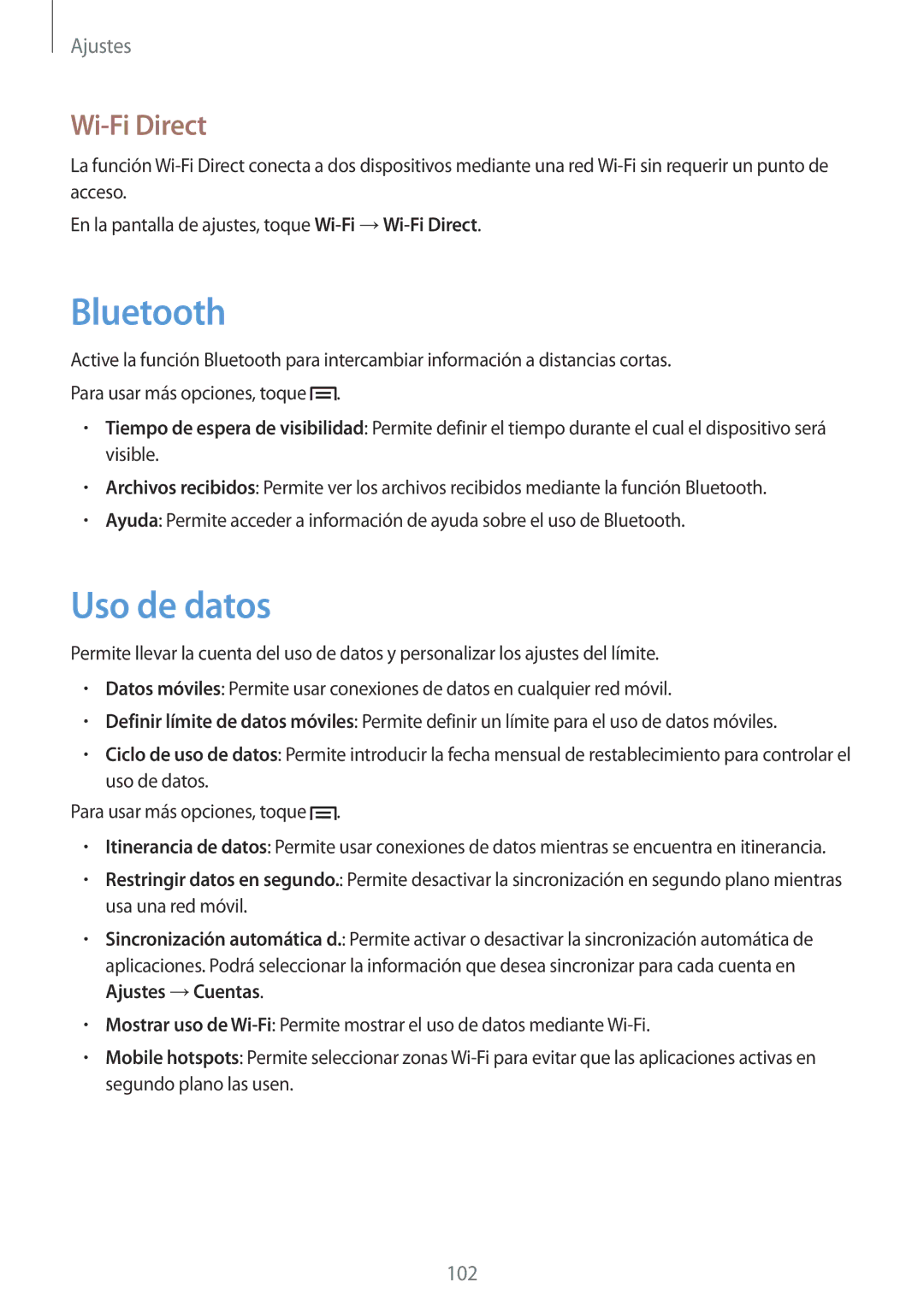 Samsung SM-T3110ZWATPH, SM-T3110ZWAITV, SM-T3110ZWAPHE, SM-T3110MKAPHE manual Uso de datos, Wi-Fi Direct 