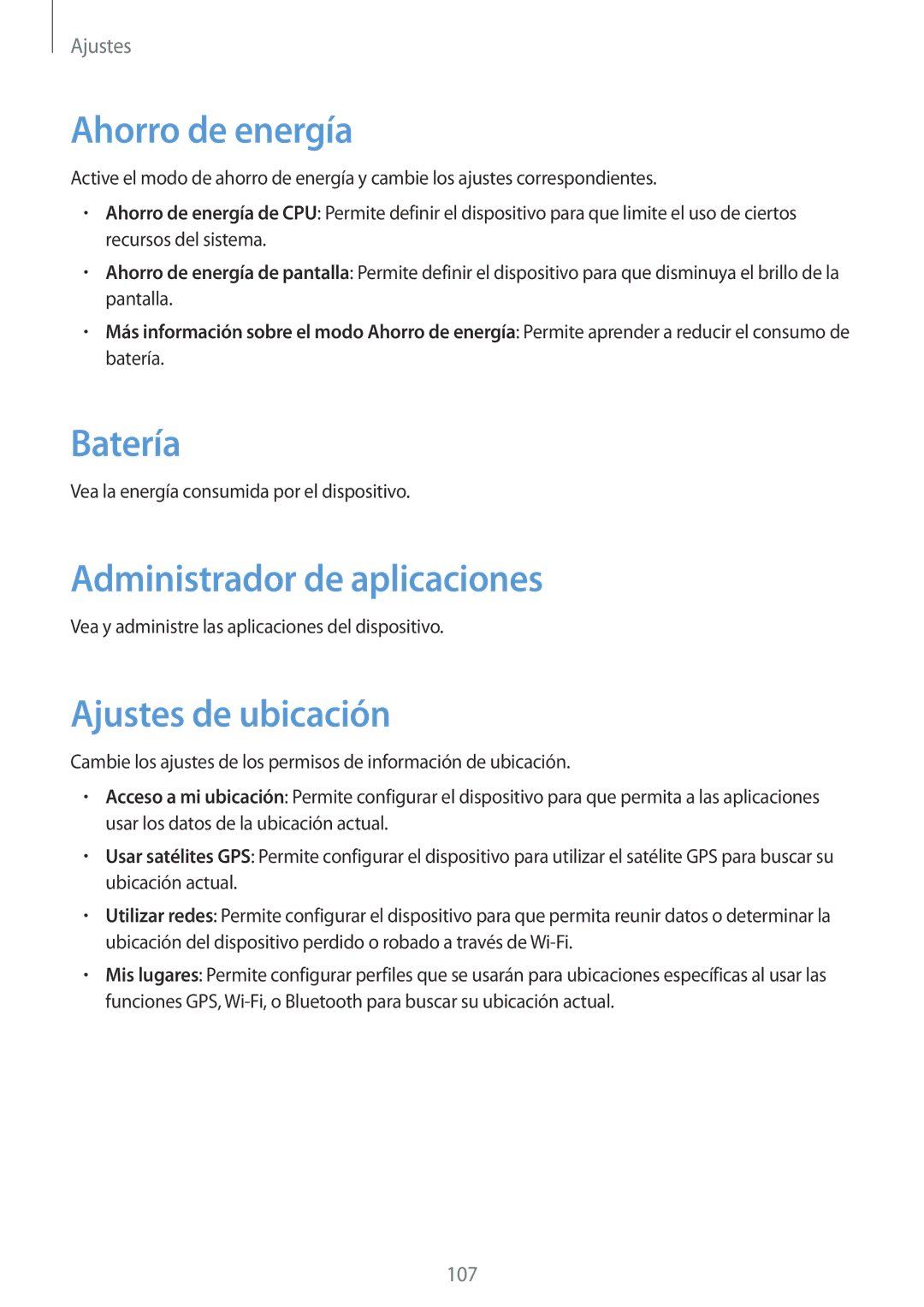 Samsung SM-T3110MKAPHE, SM-T3110ZWAITV Ahorro de energía, Batería, Administrador de aplicaciones, Ajustes de ubicación 