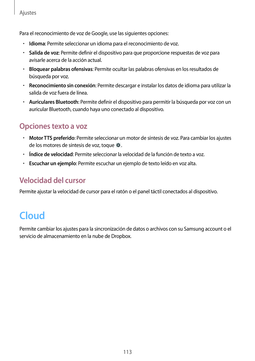 Samsung SM-T3110ZWAPHE, SM-T3110ZWAITV, SM-T3110ZWATPH, SM-T3110MKAPHE manual Opciones texto a voz, Velocidad del cursor 