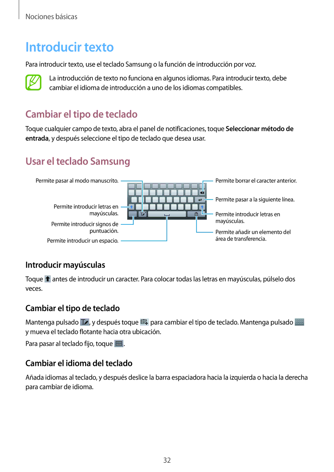 Samsung SM-T3110ZWAITV, SM-T3110ZWAPHE manual Introducir texto, Cambiar el tipo de teclado, Usar el teclado Samsung 