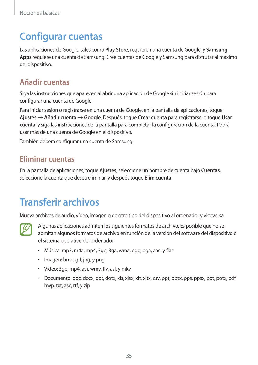Samsung SM-T3110MKAPHE, SM-T3110ZWAITV manual Configurar cuentas, Transferir archivos, Añadir cuentas, Eliminar cuentas 