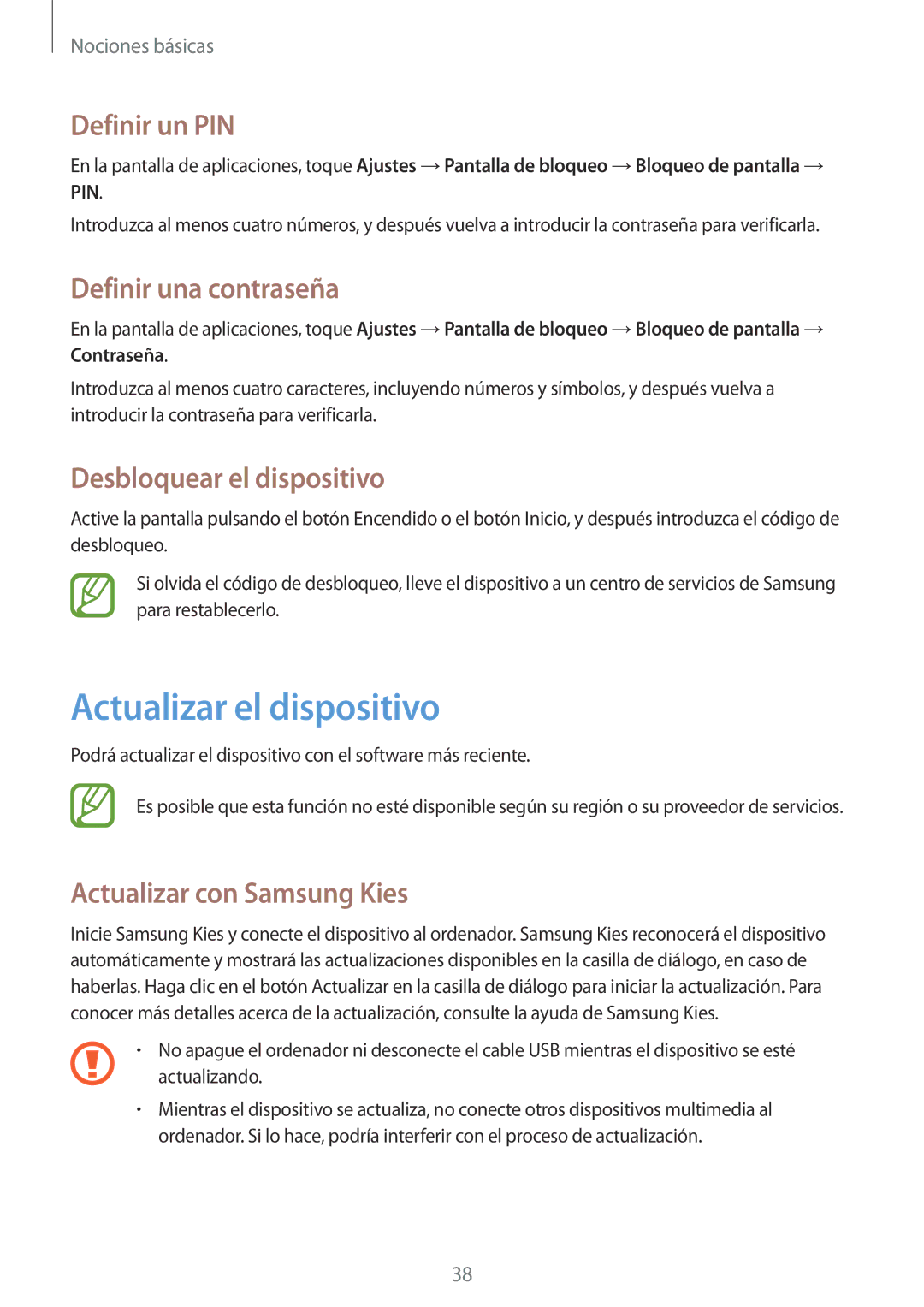 Samsung SM-T3110ZWATPH manual Actualizar el dispositivo, Definir un PIN, Definir una contraseña, Desbloquear el dispositivo 