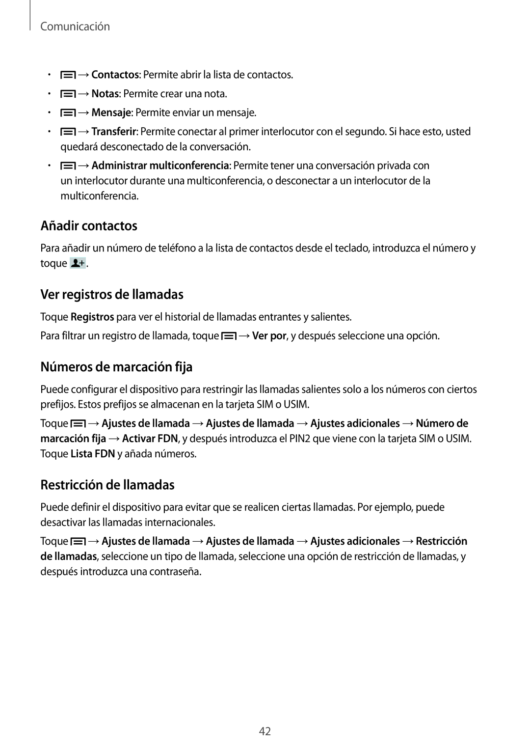 Samsung SM-T3110ZWATPH Añadir contactos, Ver registros de llamadas, Números de marcación fija, Restricción de llamadas 