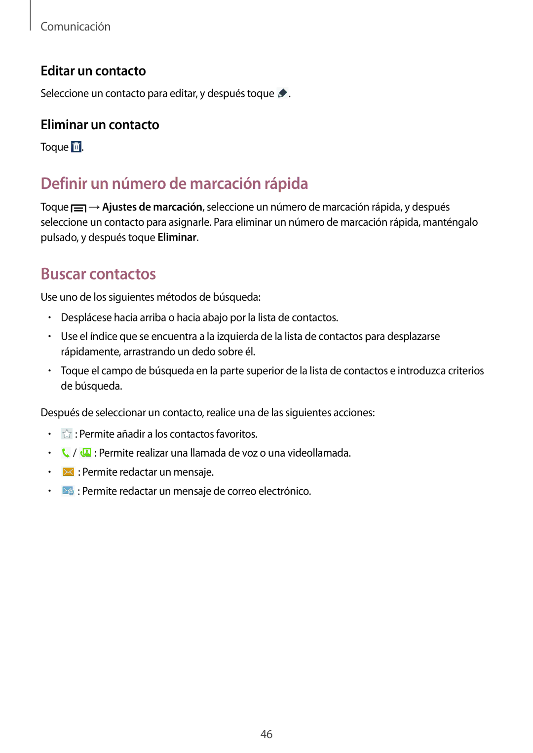 Samsung SM-T3110ZWATPH Definir un número de marcación rápida, Buscar contactos, Editar un contacto, Eliminar un contacto 