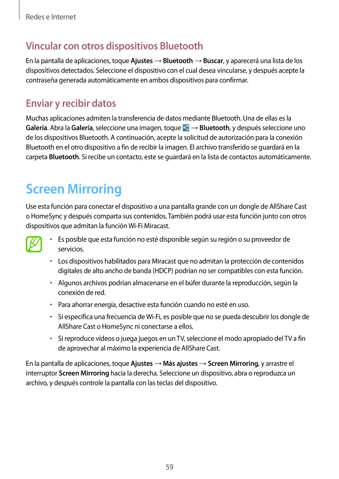 Samsung SM-T3110MKAPHE, SM-T3110ZWAITV Screen Mirroring, Vincular con otros dispositivos Bluetooth, Enviar y recibir datos 