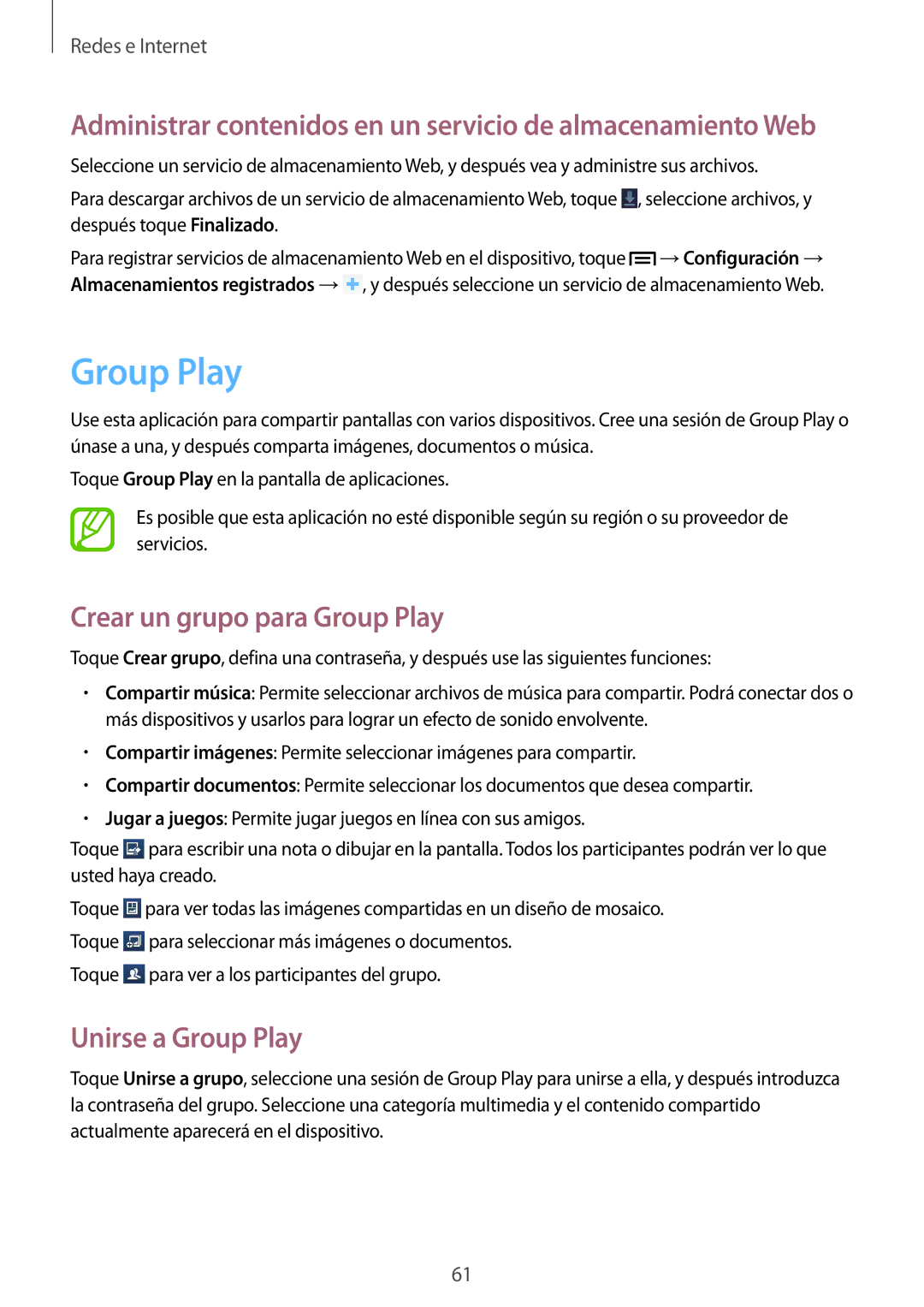 Samsung SM-T3110ZWAPHE, SM-T3110ZWAITV, SM-T3110ZWATPH manual Crear un grupo para Group Play, Unirse a Group Play 