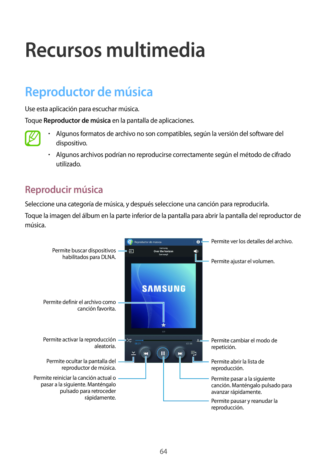 Samsung SM-T3110ZWAITV, SM-T3110ZWAPHE, SM-T3110ZWATPH manual Recursos multimedia, Reproductor de música, Reproducir música 