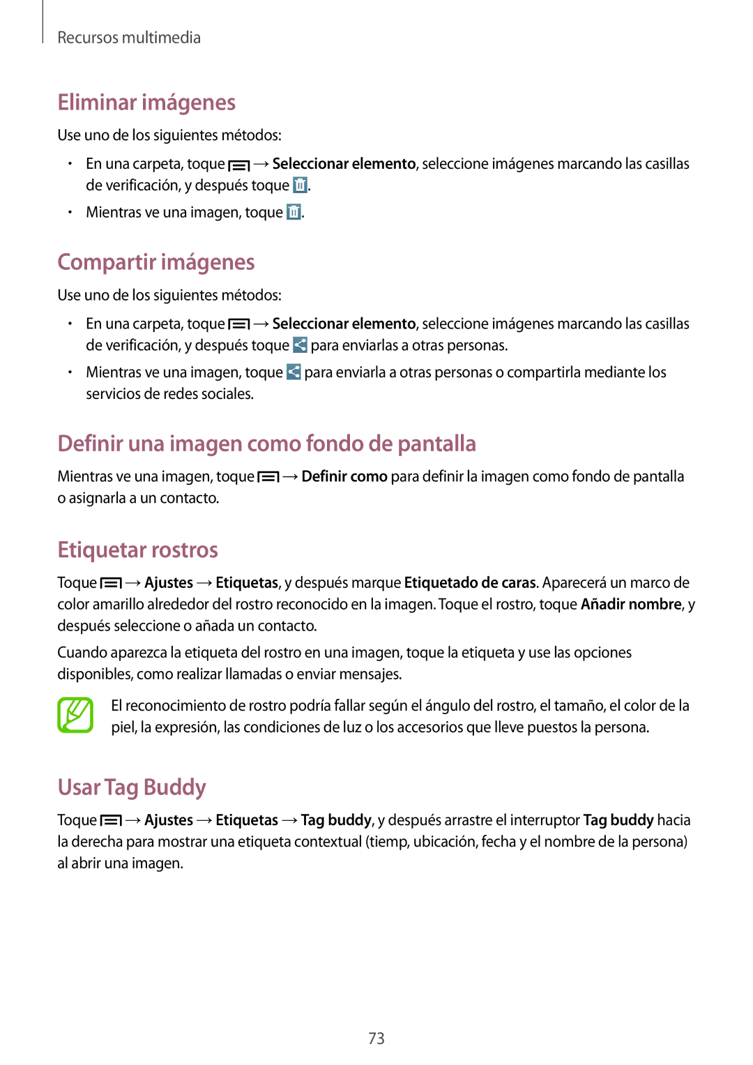 Samsung SM-T3110ZWAPHE Eliminar imágenes, Compartir imágenes, Definir una imagen como fondo de pantalla, Etiquetar rostros 