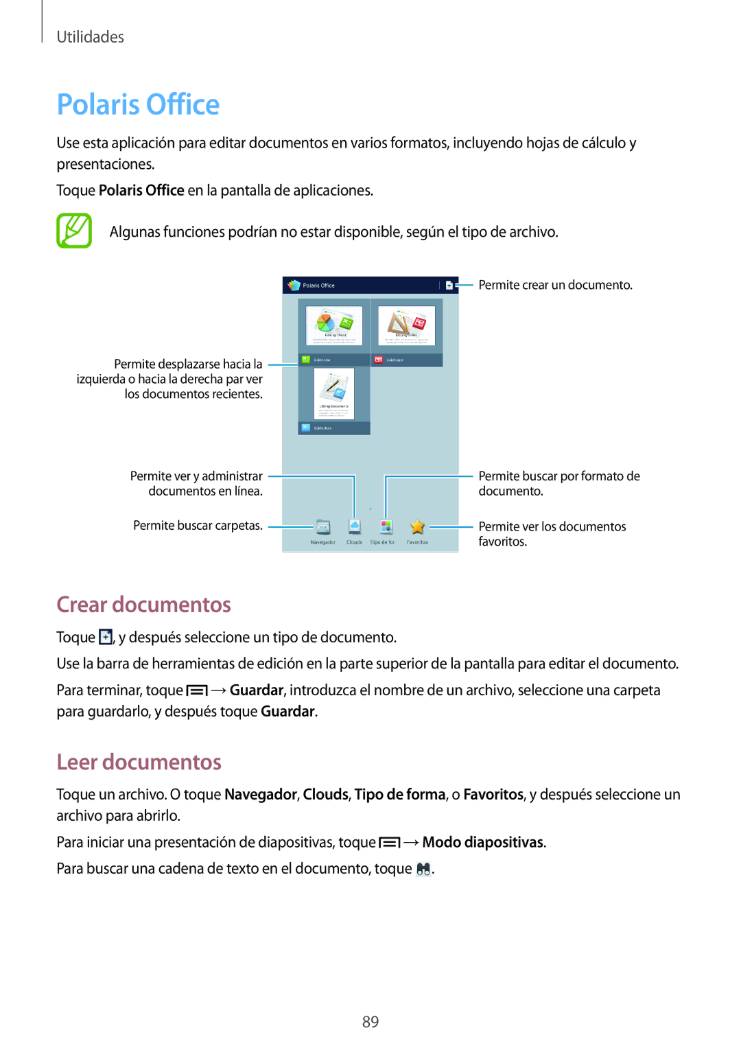 Samsung SM-T3110ZWAPHE, SM-T3110ZWAITV, SM-T3110ZWATPH, SM-T3110MKAPHE Polaris Office, Crear documentos, Leer documentos 