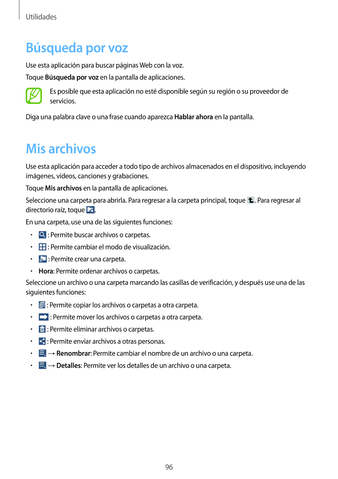 Samsung SM-T3110ZWAITV, SM-T3110ZWAPHE, SM-T3110ZWATPH, SM-T3110MKAPHE manual Búsqueda por voz, Mis archivos 