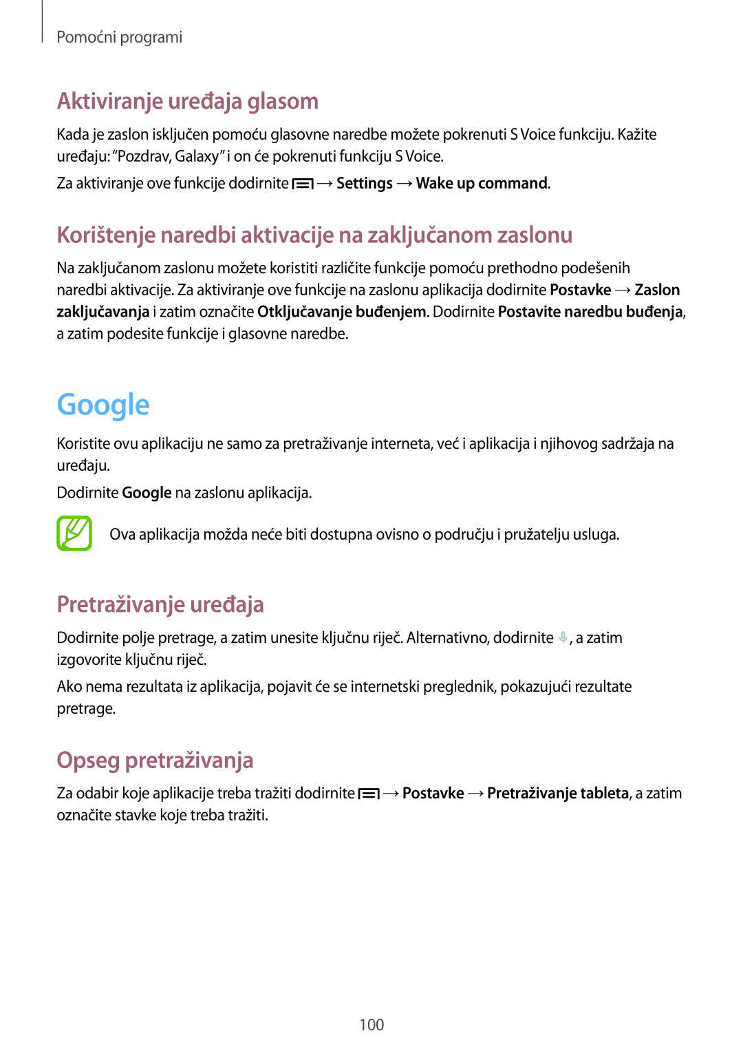 Samsung SM-T3110ZWASEE manual Google, Aktiviranje uređaja glasom, Korištenje naredbi aktivacije na zaključanom zaslonu 