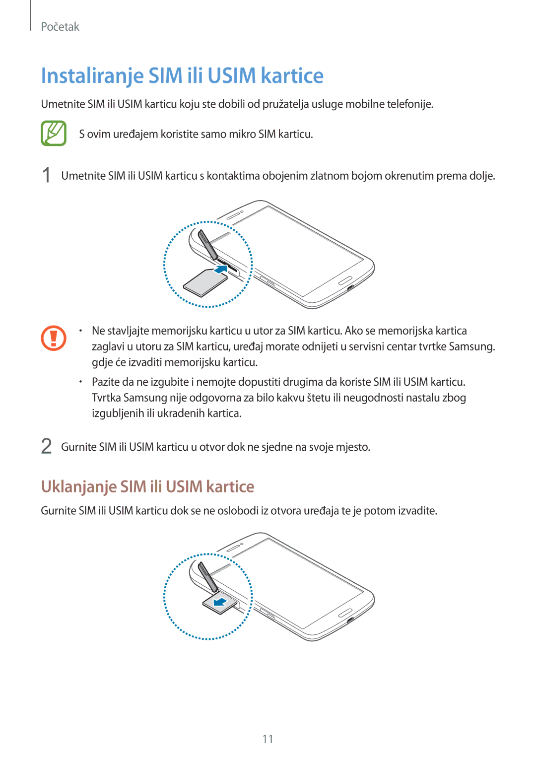 Samsung SM-T3110ZWASEE manual Instaliranje SIM ili Usim kartice, Uklanjanje SIM ili Usim kartice 