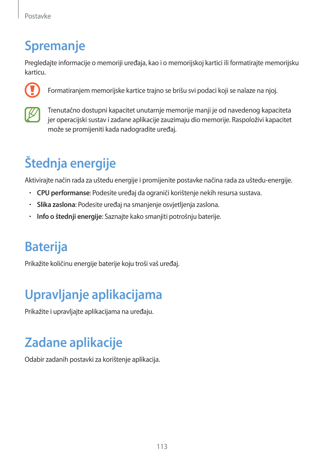 Samsung SM-T3110ZWASEE manual Spremanje, Štednja energije, Baterija, Upravljanje aplikacijama, Zadane aplikacije 