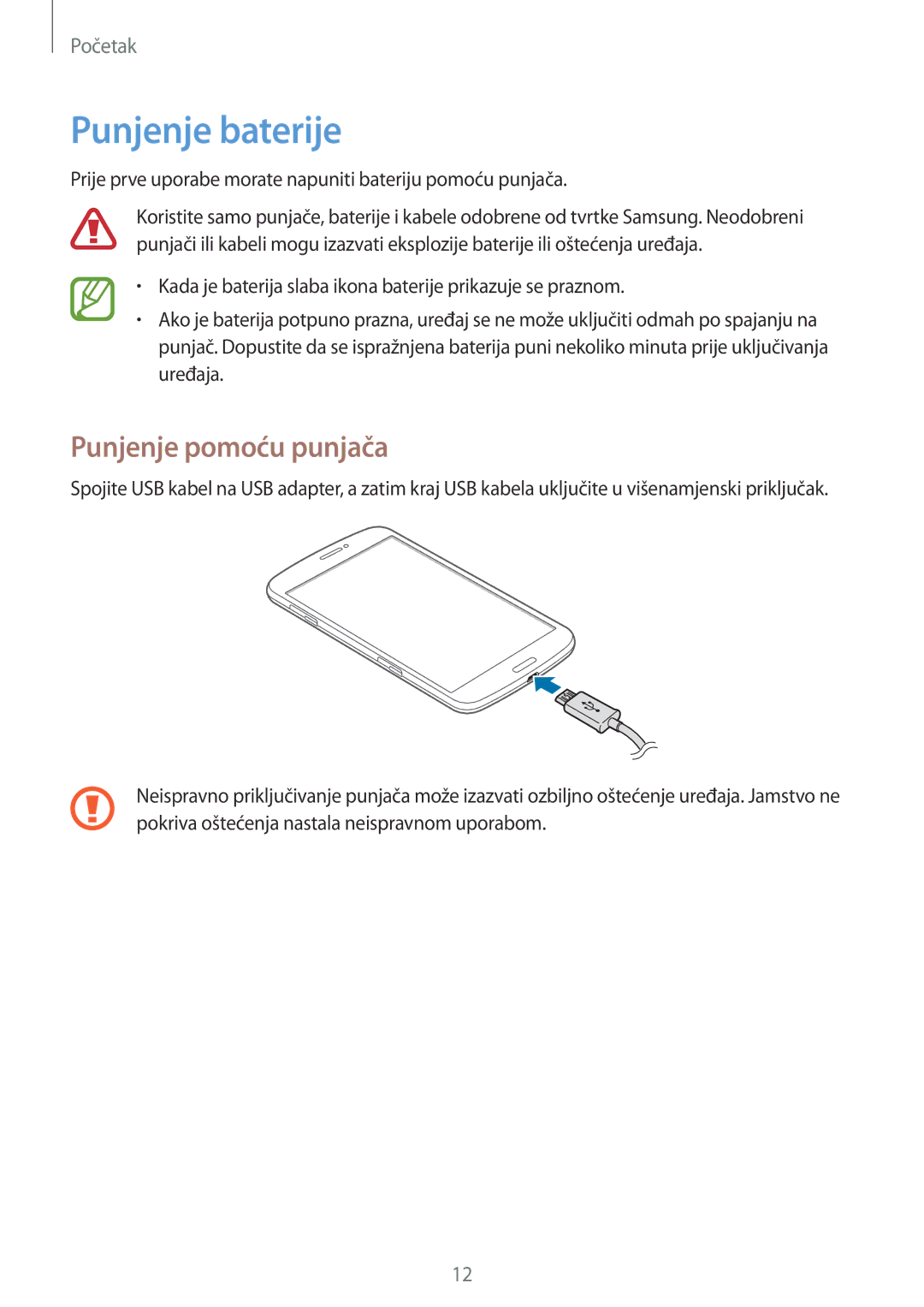 Samsung SM-T3110ZWASEE manual Punjenje baterije, Punjenje pomoću punjača 