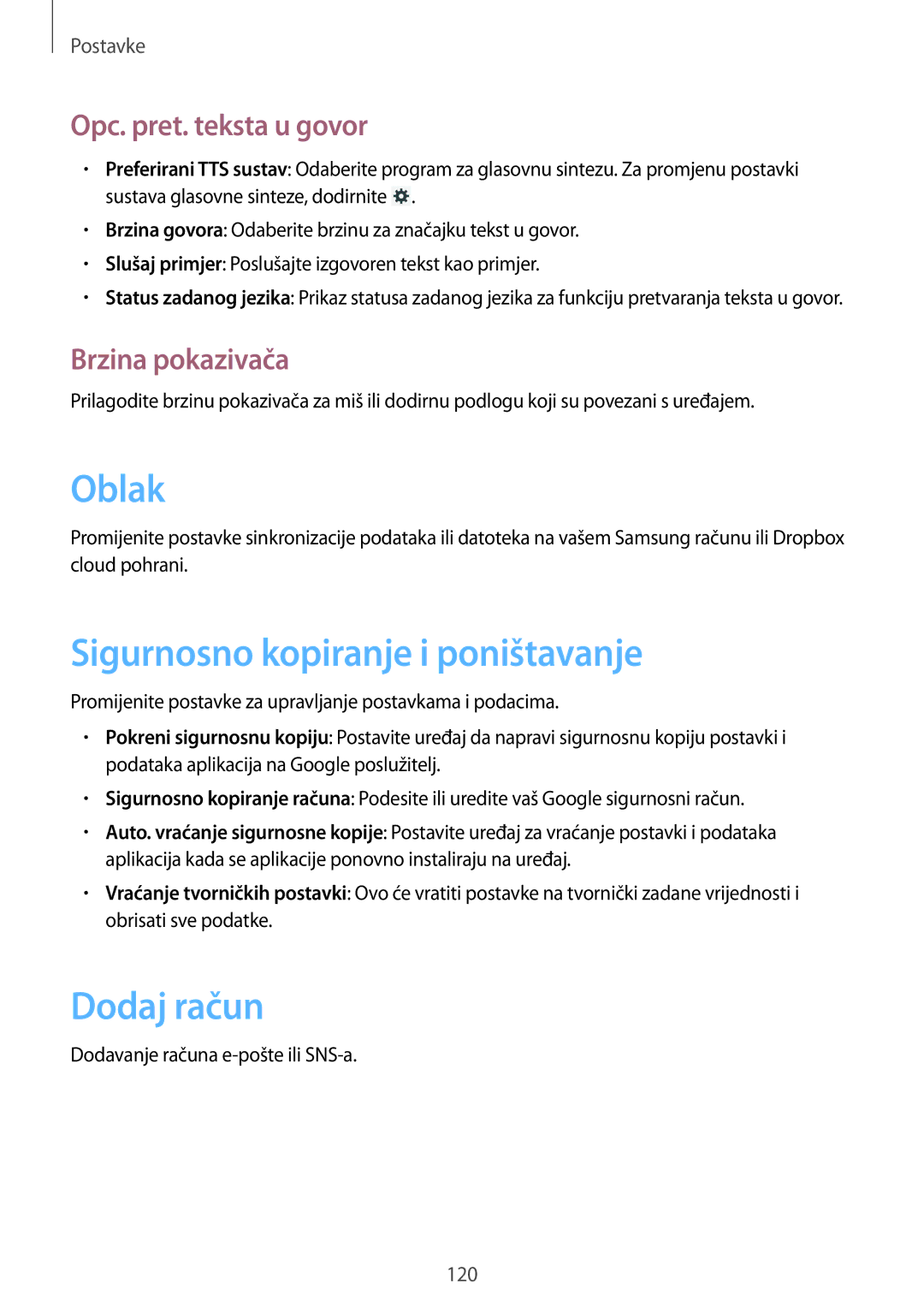 Samsung SM-T3110ZWASEE Sigurnosno kopiranje i poništavanje, Dodaj račun, Opc. pret. teksta u govor, Brzina pokazivača 
