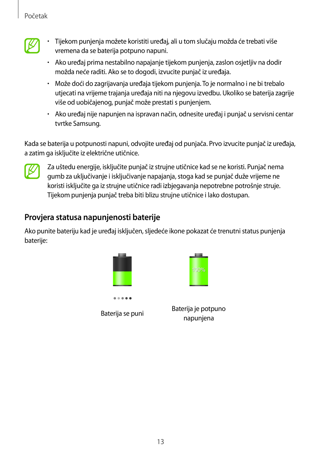 Samsung SM-T3110ZWASEE manual Provjera statusa napunjenosti baterije 