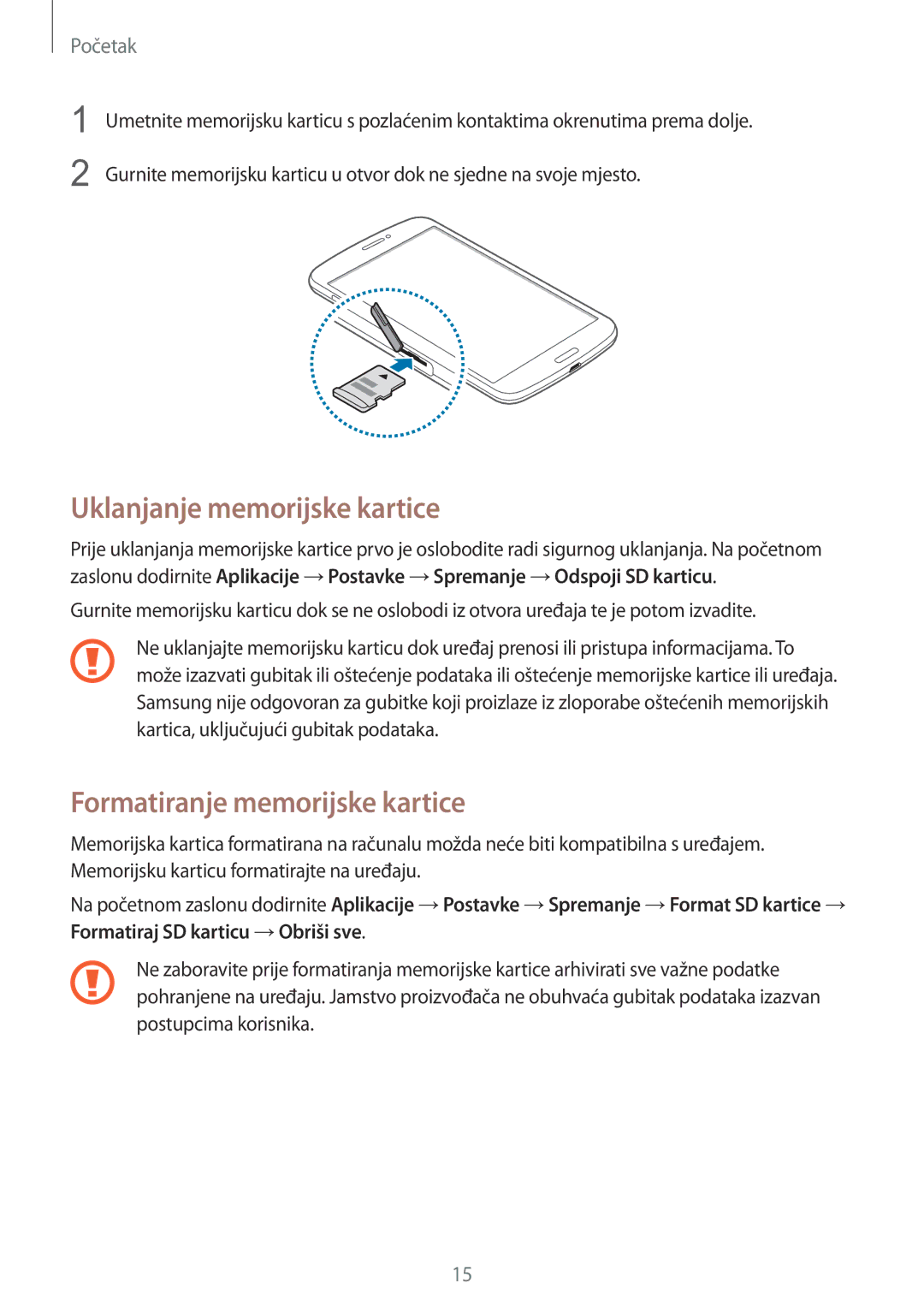 Samsung SM-T3110ZWASEE manual Uklanjanje memorijske kartice, Formatiranje memorijske kartice 