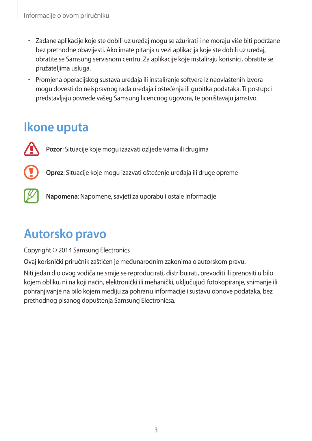 Samsung SM-T3110ZWASEE manual Ikone uputa, Autorsko pravo 