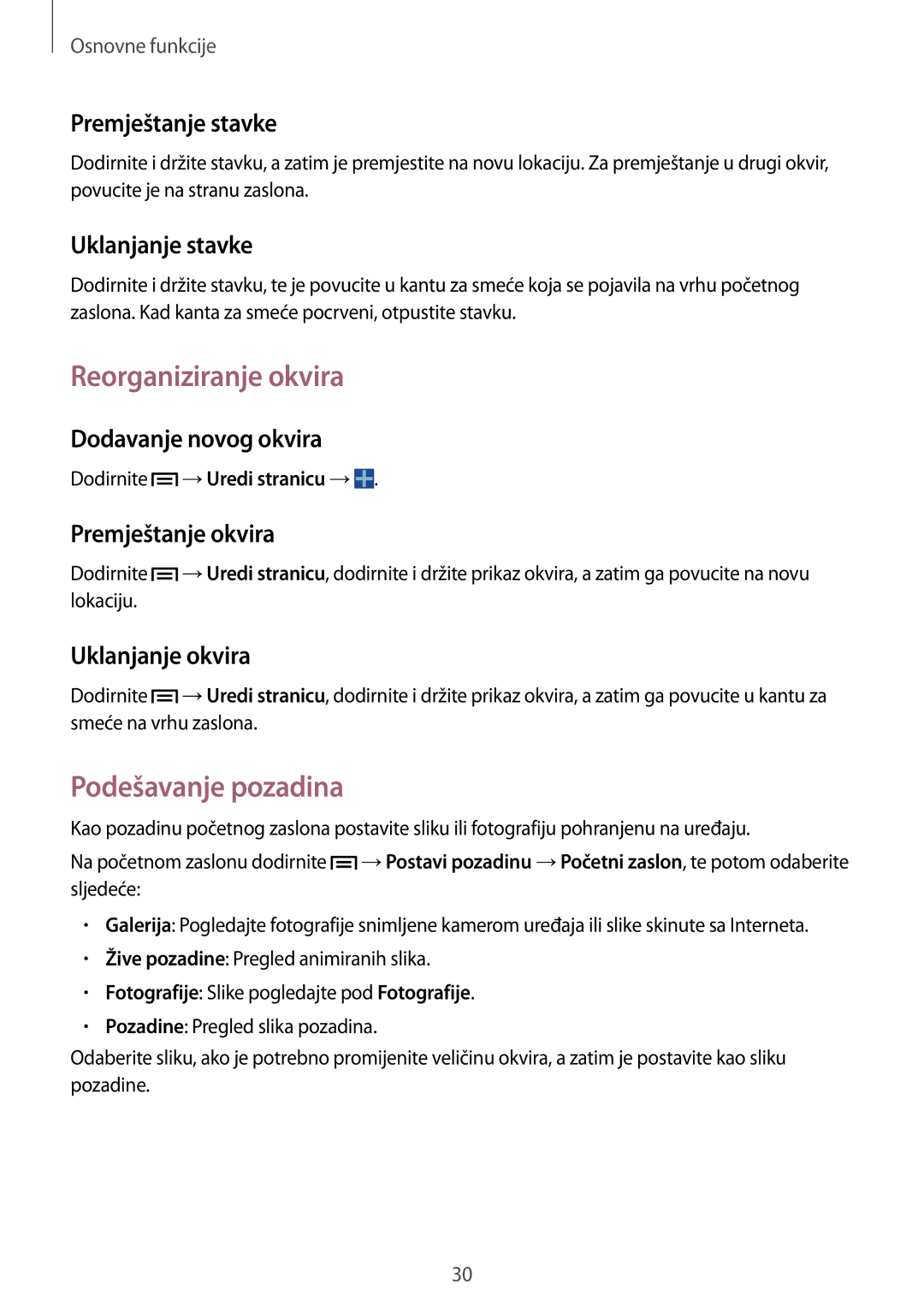 Samsung SM-T3110ZWASEE manual Reorganiziranje okvira, Podešavanje pozadina 