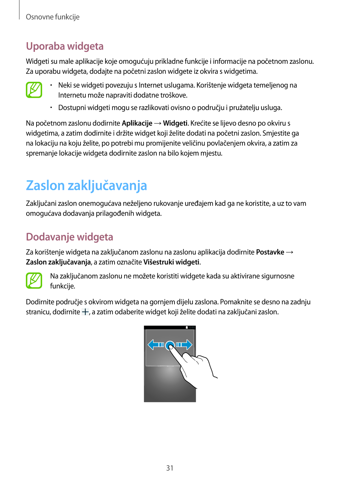 Samsung SM-T3110ZWASEE manual Zaslon zaključavanja, Uporaba widgeta, Dodavanje widgeta 