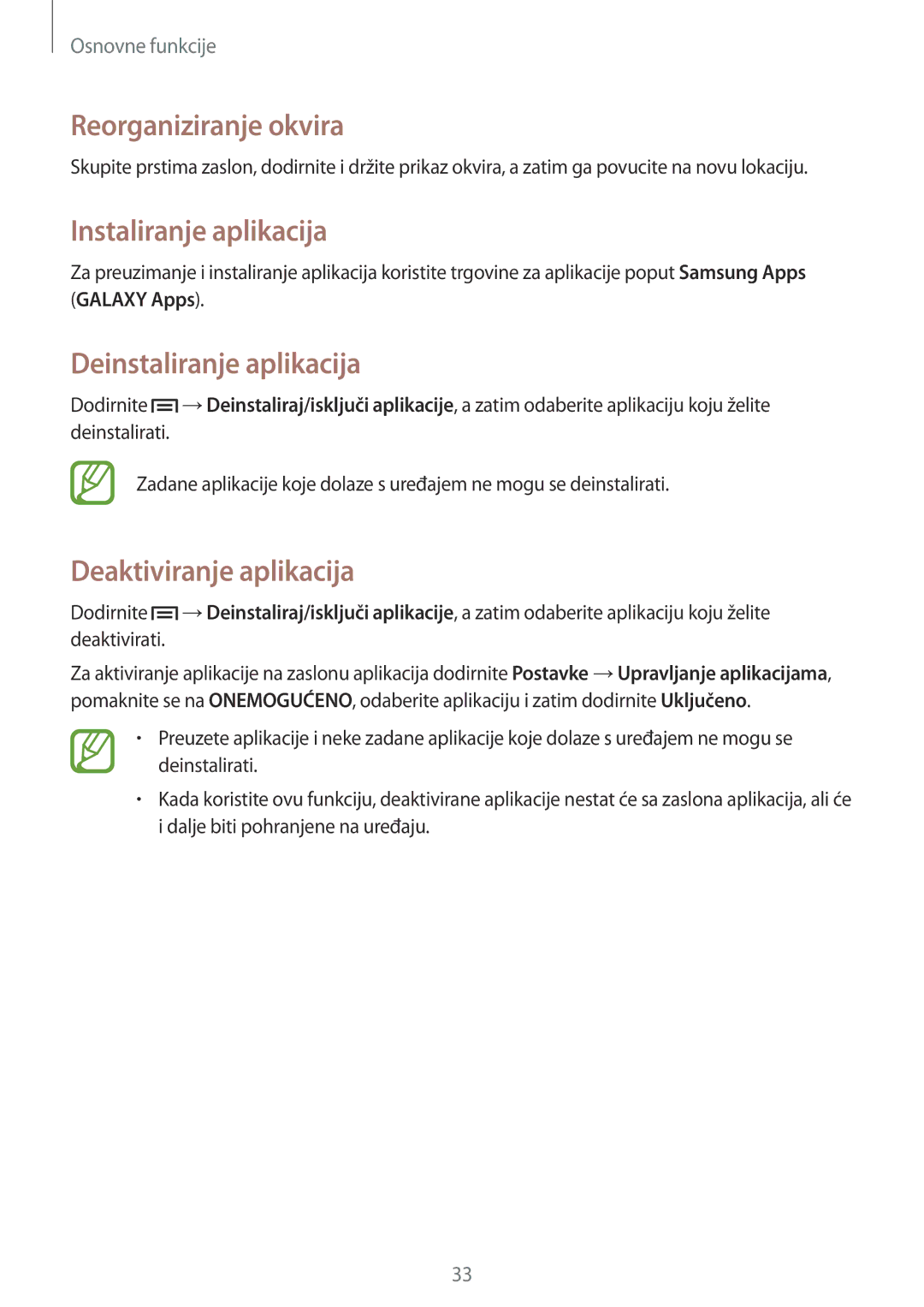 Samsung SM-T3110ZWASEE manual Instaliranje aplikacija, Deinstaliranje aplikacija, Deaktiviranje aplikacija 